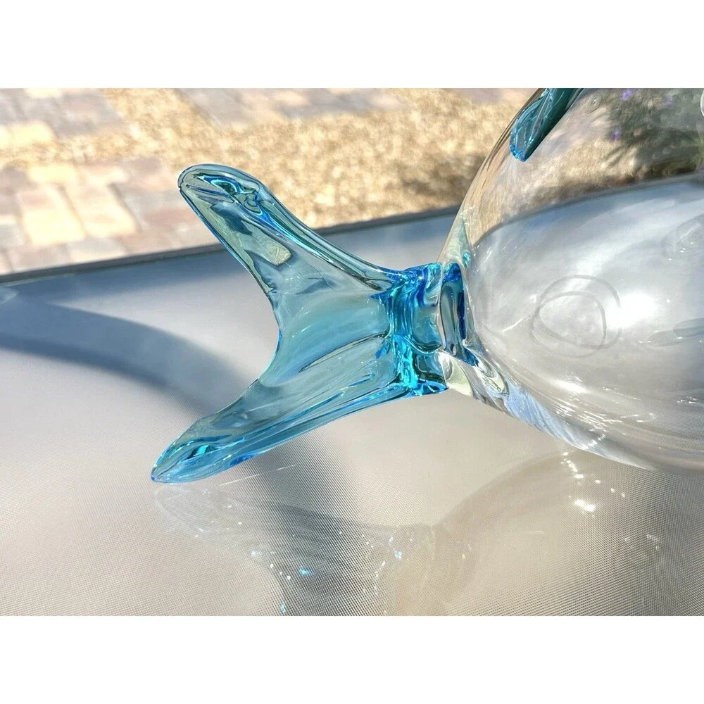 Vintage MCM Blenko Art Glass Fish Shape Sculpture Vase Bowl Clear Aqua Blue 14